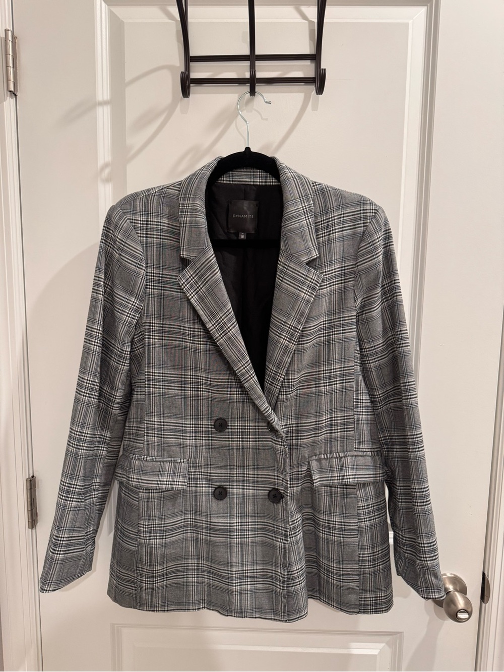 Dynamite Gray Plaid Double-Breasted Blazer